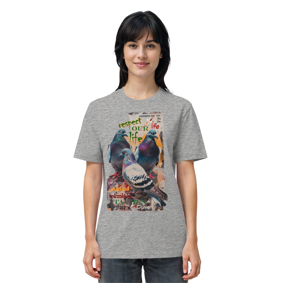 veganes unisex T-Shirt - "respect our life - Tauben" - Bio-Baumwolle - vegwear