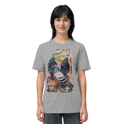 veganes unisex T-Shirt - "respect our life - Tauben" - Bio-Baumwolle - vegwear