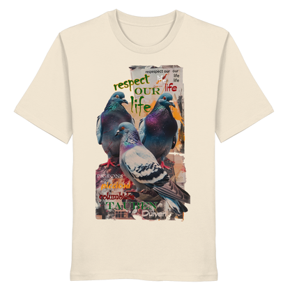 veganes unisex T-Shirt - "respect our life - Tauben" - Bio-Baumwolle - vegwear