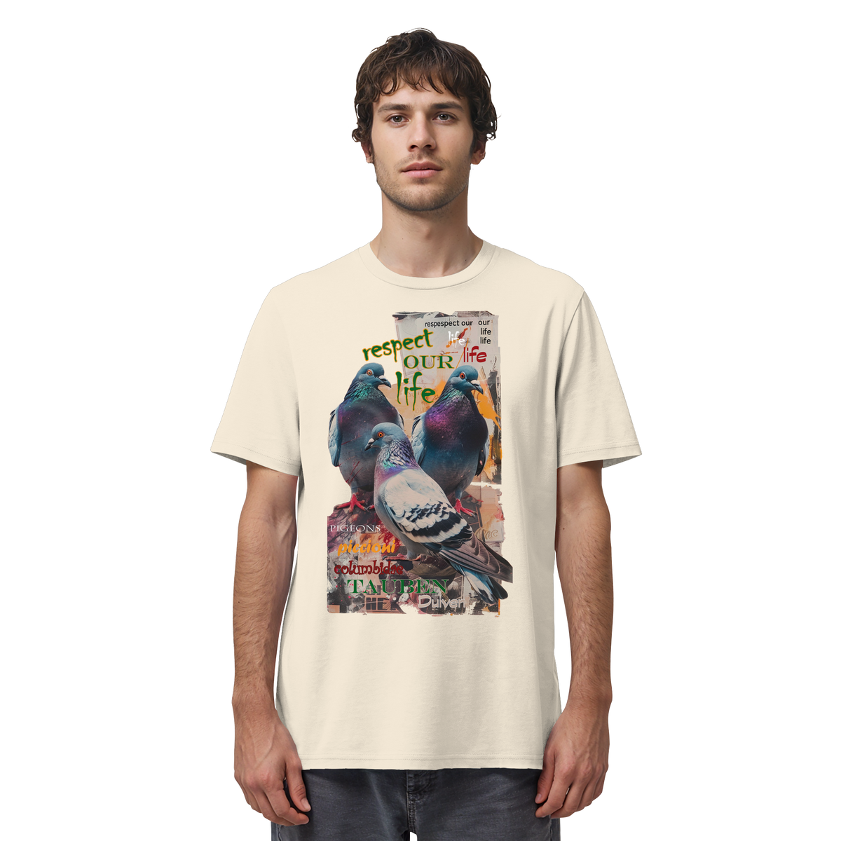 veganes unisex T-Shirt - "respect our life - Tauben" - Bio-Baumwolle - vegwear
