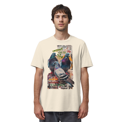 veganes unisex T-Shirt - "respect our life - Tauben" - Bio-Baumwolle - vegwear