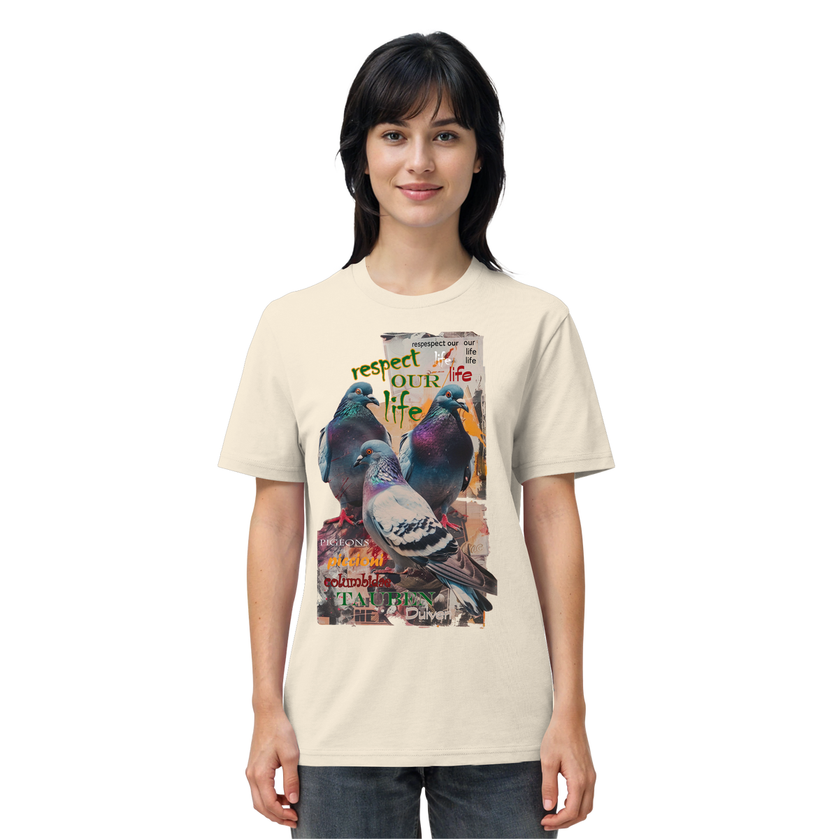 veganes unisex T-Shirt - "respect our life - Tauben" - Bio-Baumwolle - vegwear