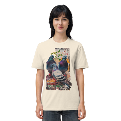 veganes unisex T-Shirt - "respect our life - Tauben" - Bio-Baumwolle - vegwear