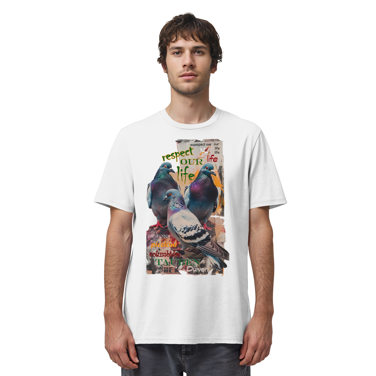 vegwear "respect our life - Tauben" - unisex Bio T-Shirt, vegan, nachhaltig