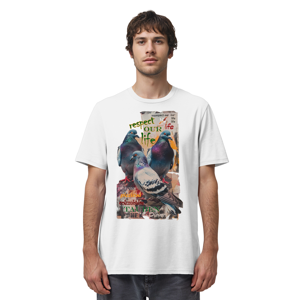 veganes unisex T-Shirt - "respect our life - Tauben" - Bio-Baumwolle - vegwear
