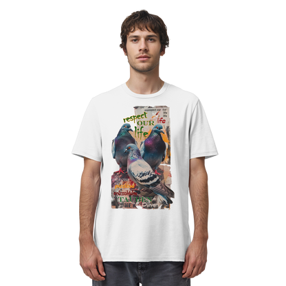 veganes unisex T-Shirt - "respect our life - Tauben" - Bio-Baumwolle - vegwear