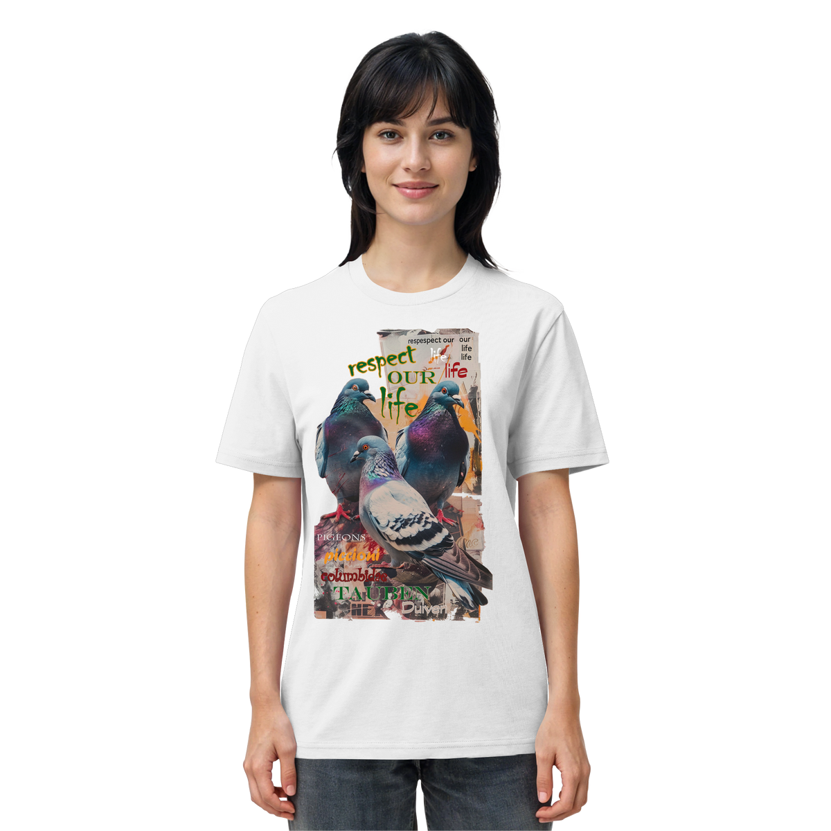 veganes unisex T-Shirt - "respect our life - Tauben" - Bio-Baumwolle - vegwear