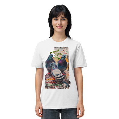veganes unisex T-Shirt - "respect our life - Tauben" - Bio-Baumwolle - vegwear