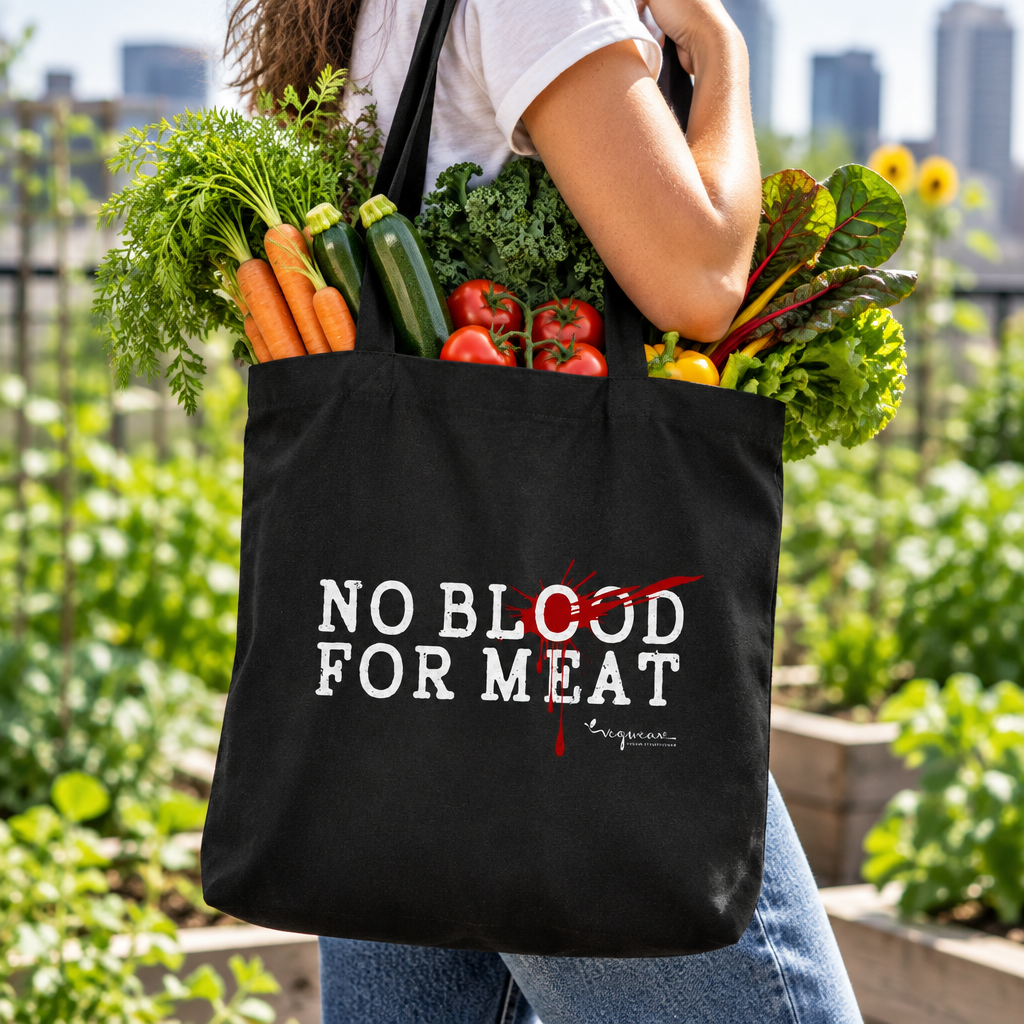 schwarze vegane Baumwolle Einkaufstasche mit dem Aufdruck "no blood for meat" voll gepackt mit  Gemüse hängt über der Schulter einer weiblichen Person. Im Hintergrund bepflanzte Hochbeete.
