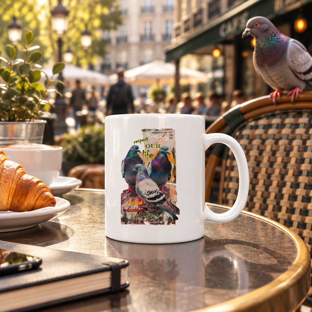 Auf dem Tisch eines Cafés auf der Terrasse steht eine weiße Kaffeetasse mit dem Aufdruck von 3 Tauben und dem Slogan "respect our life - Tauben". Auf der Stuhllehne sitzt eine Stadttaube. Auf dem Tisch ein Buch, ein Croissant und eine Pflanze. im Hintergrund unscharf ein Platz mit Menschen und Gastronomie.