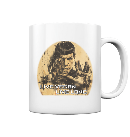 Motif "live vegan live long" - coffee cup