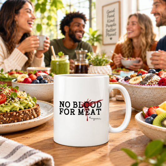Kaffeetasse mit dem Aufdruck "no blood for meat" auf einem veganen Frühstückstisch mit Avocadobrot und Smoothiebowls. Im Hintergrund mit am Tisch sitzen mehrere Personen. 