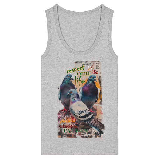 veganes fitted Damen Tank Top - "respect our life - Tauben" - Bio-Baumwolle - vegwear