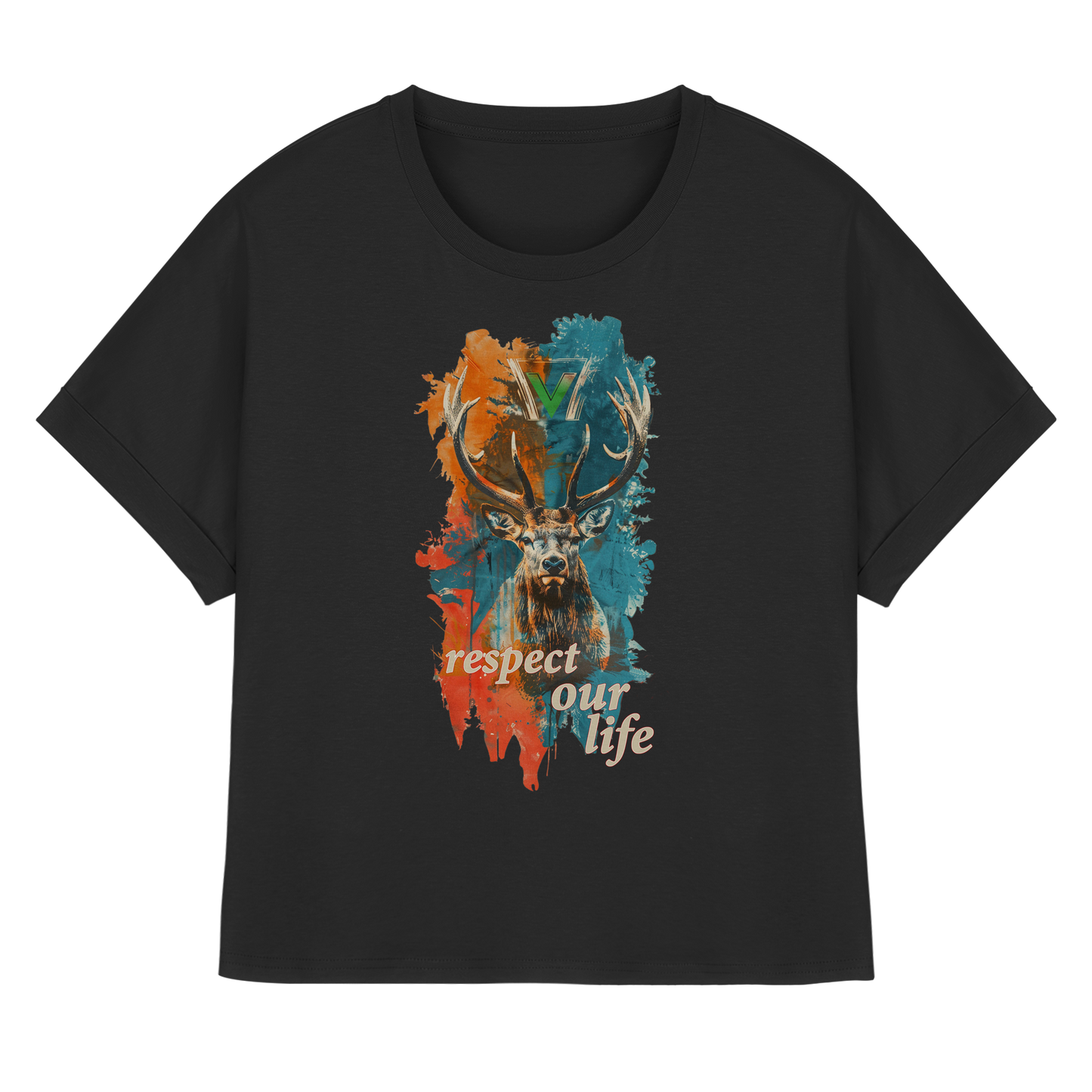 vegwear "respect our life - Hirsch" - oversized Damen T-Shirt mit Fledermausärmel, bio, vegan, fair