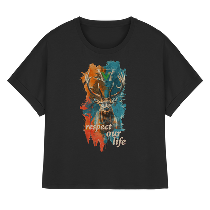 vegwear "respect our life - Hirsch" - oversized Damen T-Shirt mit Fledermausärmel, bio, vegan, fair