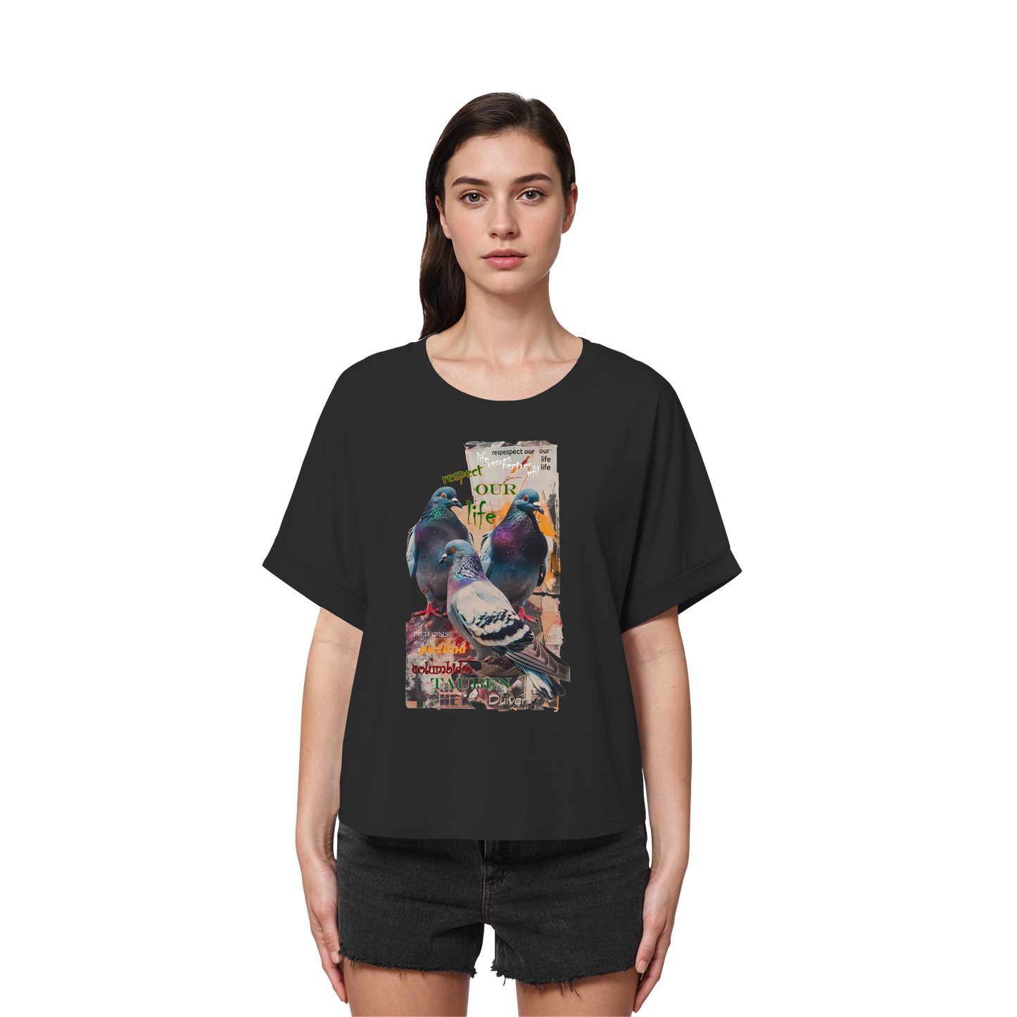 vegwear "respect our life - Tauben - oversized Damen Bio T-Shirt mit Fledermausärmel