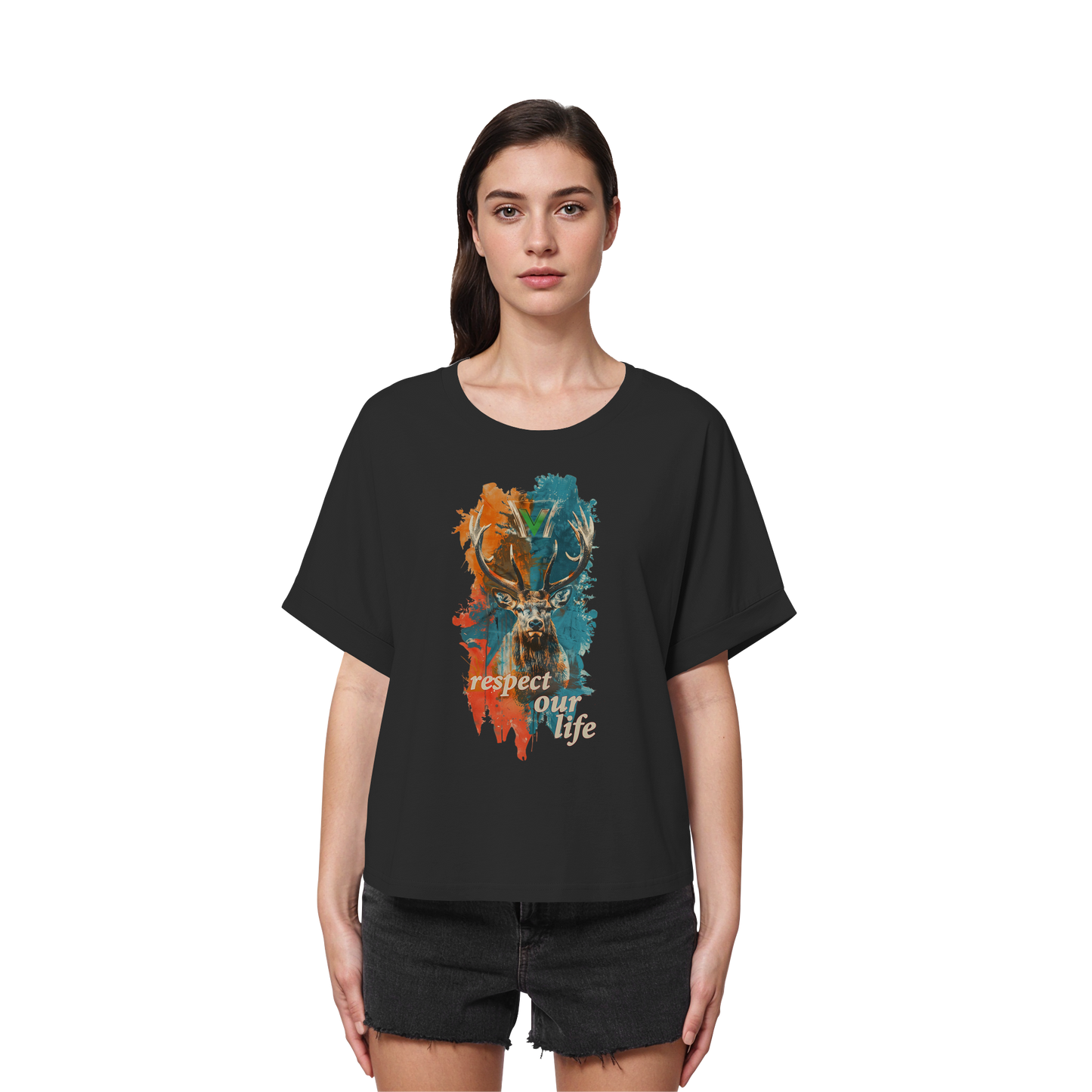vegwear "respect our life - Hirsch" - oversized Damen T-Shirt mit Fledermausärmel, bio, vegan, fair