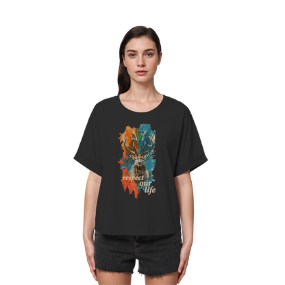vegwear "respect our life - Hirsch" - oversized Damen T-Shirt mit Fledermausärmel, bio, vegan, fair