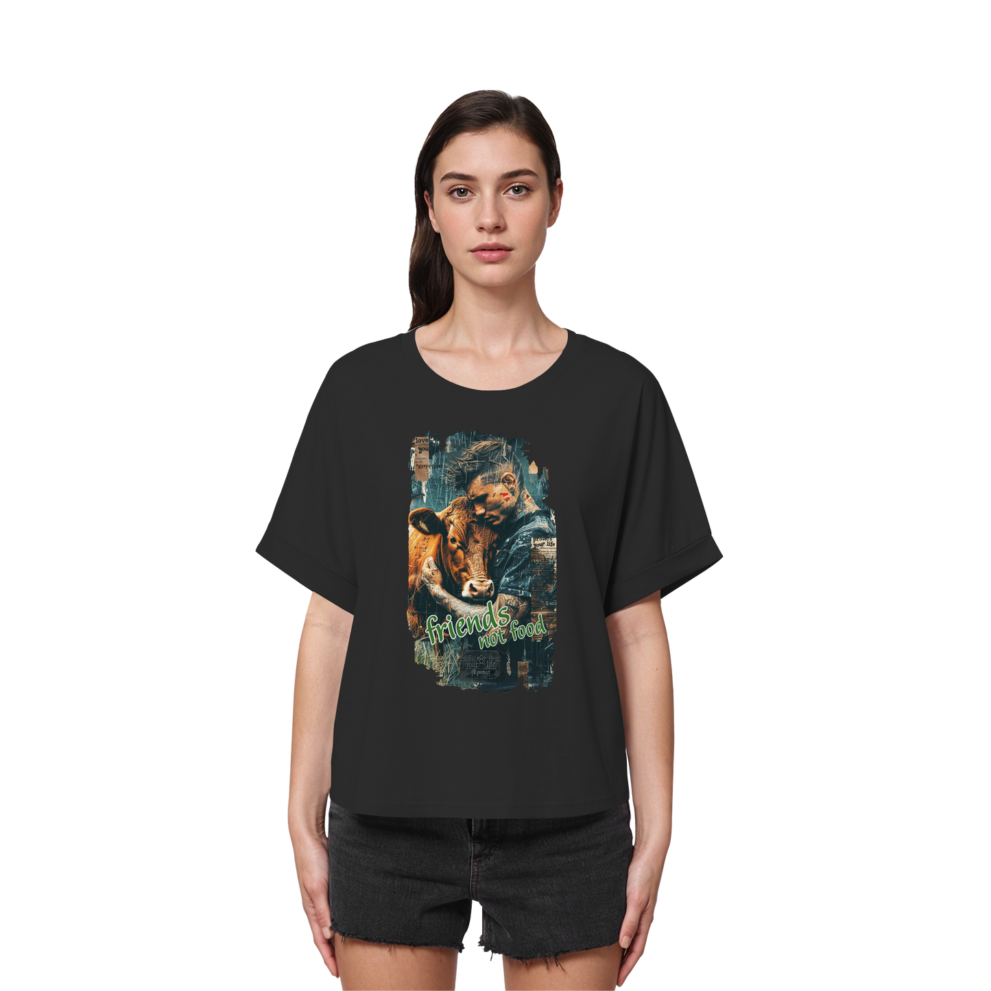 vegwear "friends not food" - oversized Damen Bio T-Shirt mit Fledermausärmel