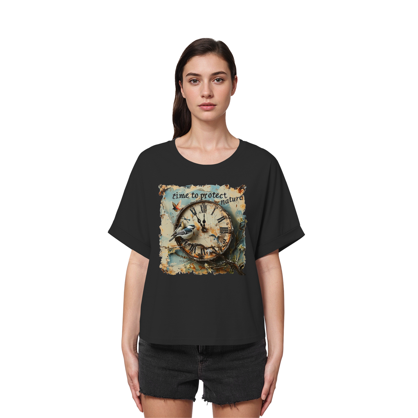vegwear "time to protect nature" - oversized Damen T-Shirt mit Fledermausärmel, nachhaltige Mode