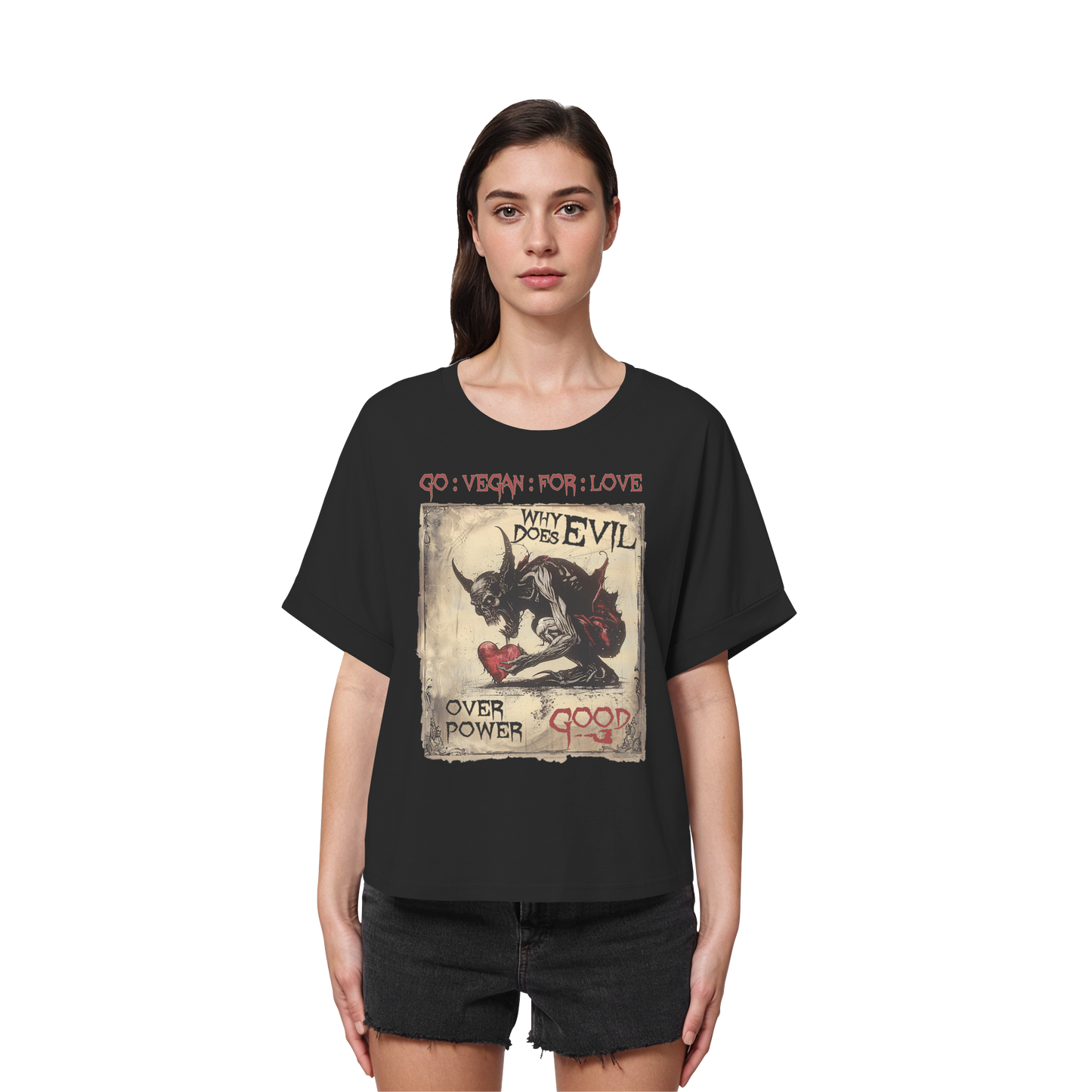 vegwear "why does evil" - oversized Damen Bio T-Shirt mit Fledermausärmel
