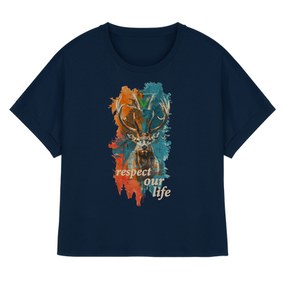 vegwear "respect our life - Hirsch" - oversized Damen T-Shirt mit Fledermausärmel, bio, vegan, fair