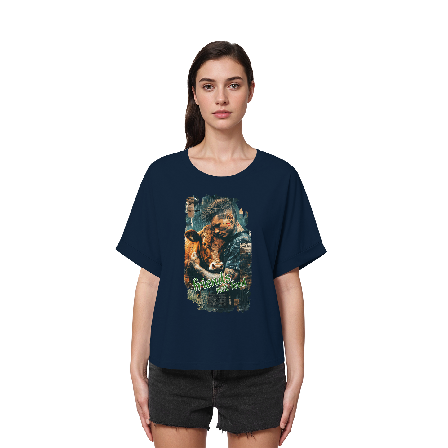 vegwear "friends not food" - oversized Damen Bio T-Shirt mit Fledermausärmel