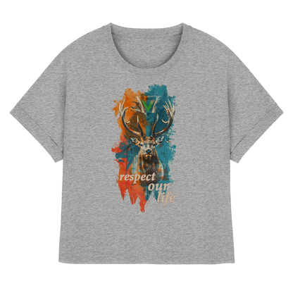 vegwear "respect our life - Hirsch" - oversized Damen T-Shirt mit Fledermausärmel, bio, vegan, fair