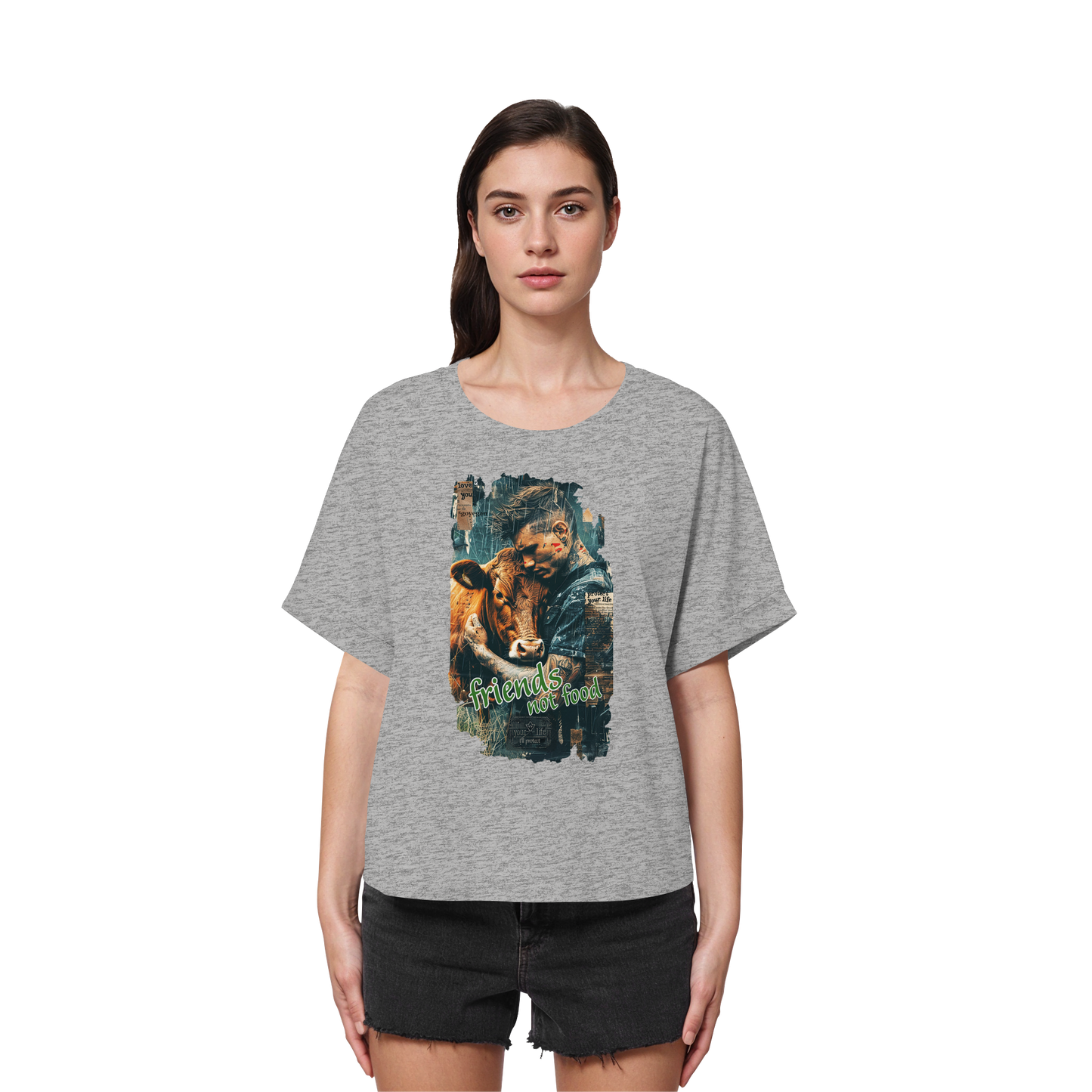 vegwear "friends not food" - oversized Damen Bio T-Shirt mit Fledermausärmel