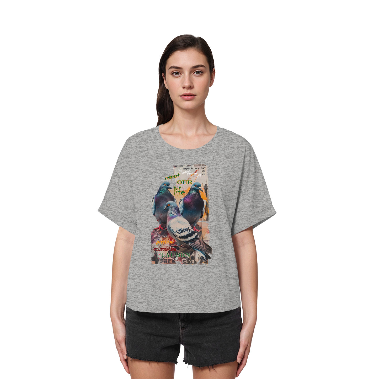 vegwear "respect our life - Tauben - oversized Damen Bio T-Shirt mit Fledermausärmel