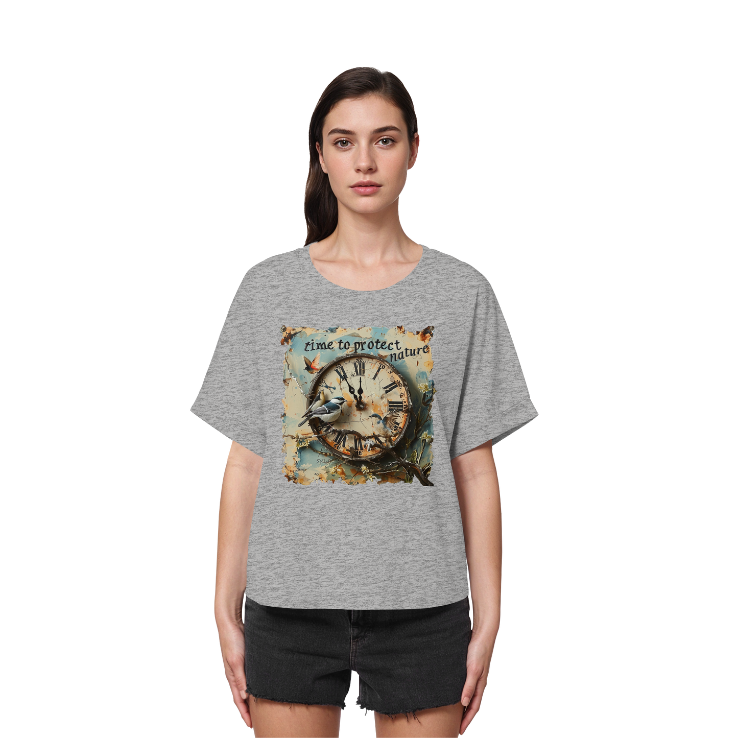 vegwear "time to protect nature" - oversized Damen T-Shirt mit Fledermausärmel, nachhaltige Mode
