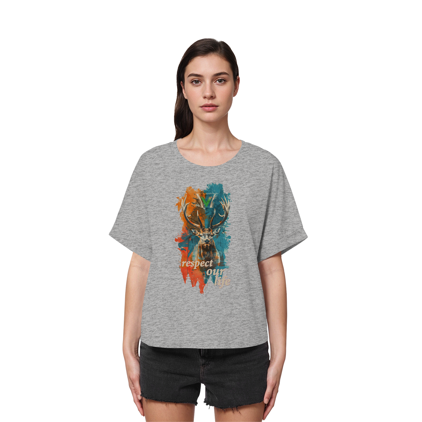 vegwear "respect our life - Hirsch" - oversized Damen T-Shirt mit Fledermausärmel, bio, vegan, fair