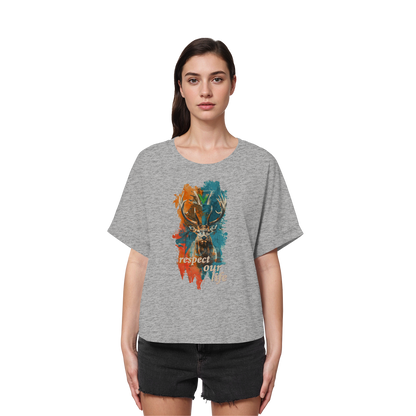 vegwear "respect our life - Hirsch" - oversized Damen T-Shirt mit Fledermausärmel, bio, vegan, fair