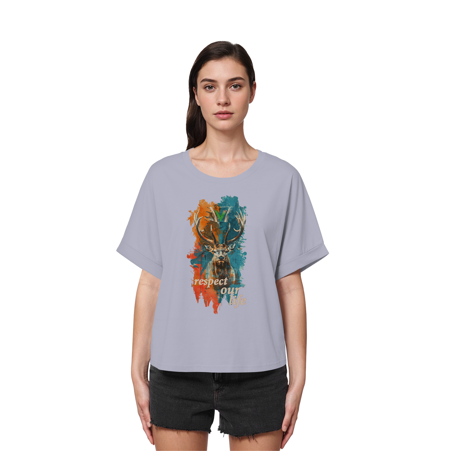 vegwear "respect our life - Hirsch" - oversized Damen T-Shirt mit Fledermausärmel, bio, vegan, fair