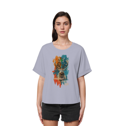 vegwear "respect our life - Hirsch" - oversized Damen T-Shirt mit Fledermausärmel, bio, vegan, fair