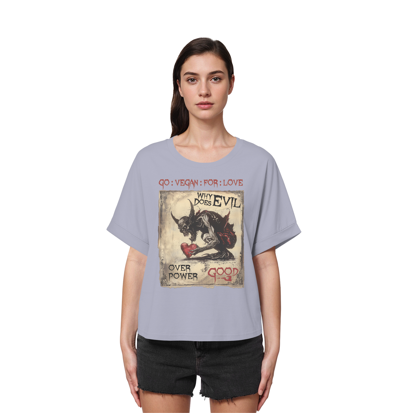 vegwear "why does evil" - oversized Damen Bio T-Shirt mit Fledermausärmel