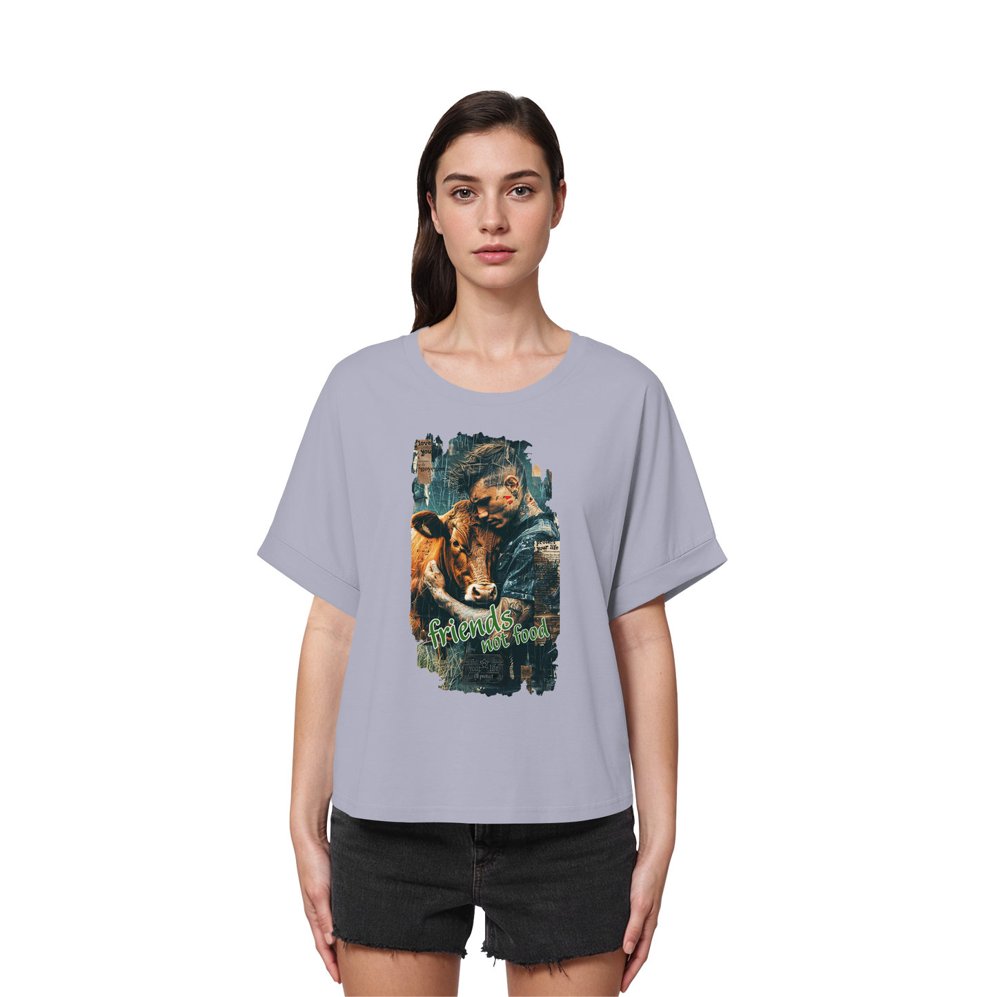 vegwear "friends not food" - oversized Damen Bio T-Shirt mit Fledermausärmel
