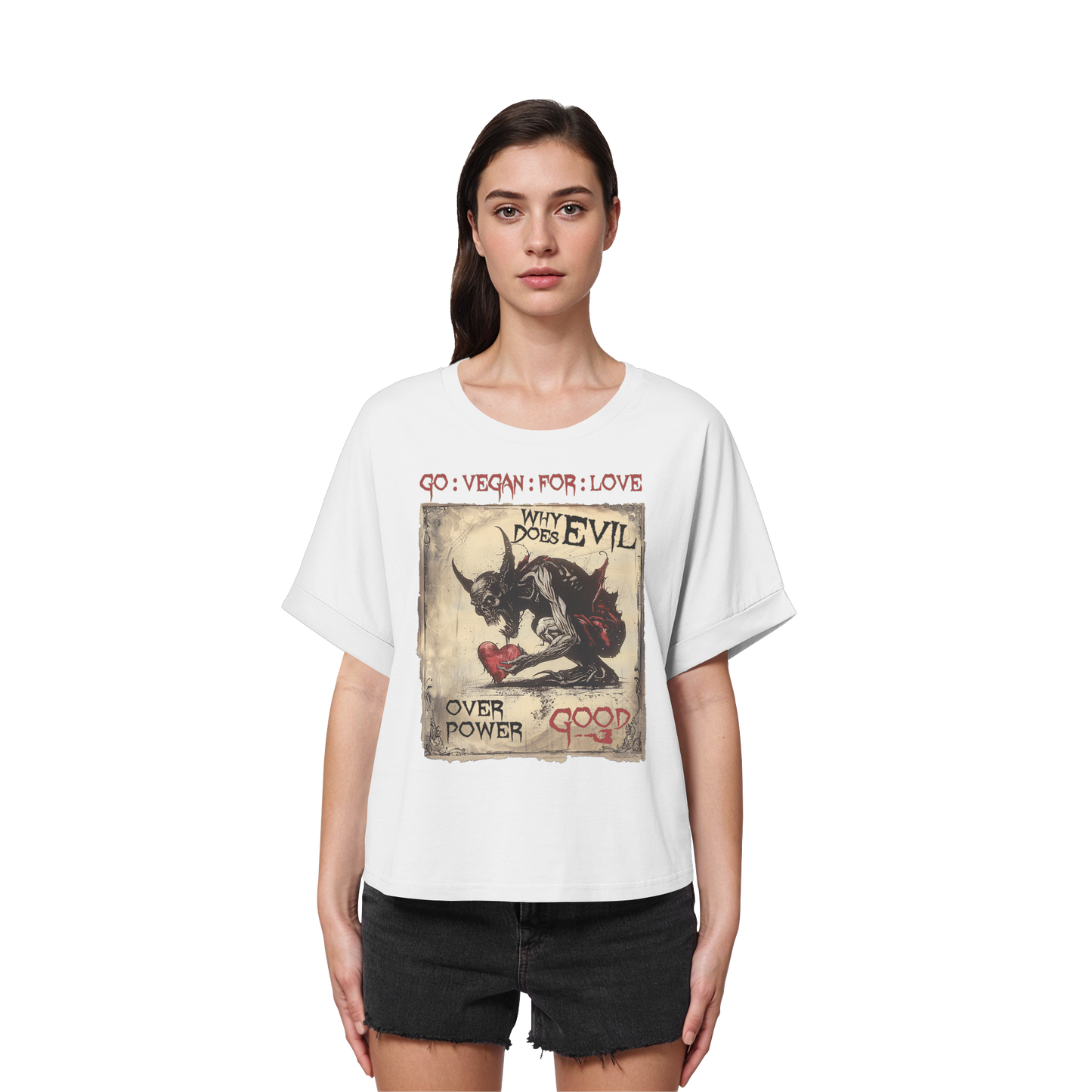 vegwear "why does evil" - oversized Damen Bio T-Shirt mit Fledermausärmel