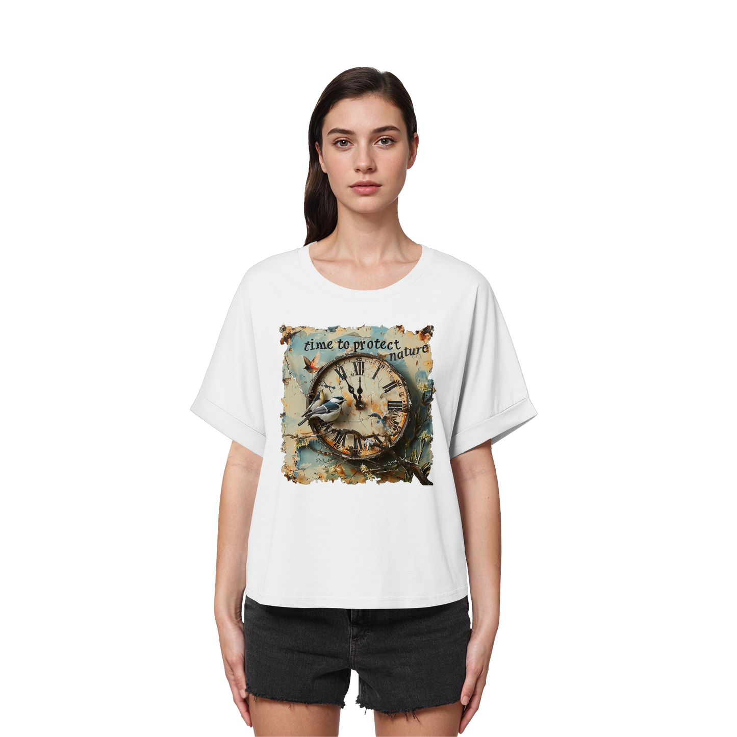 vegwear "time to protect nature" - oversized Damen T-Shirt mit Fledermausärmel, nachhaltige Mode