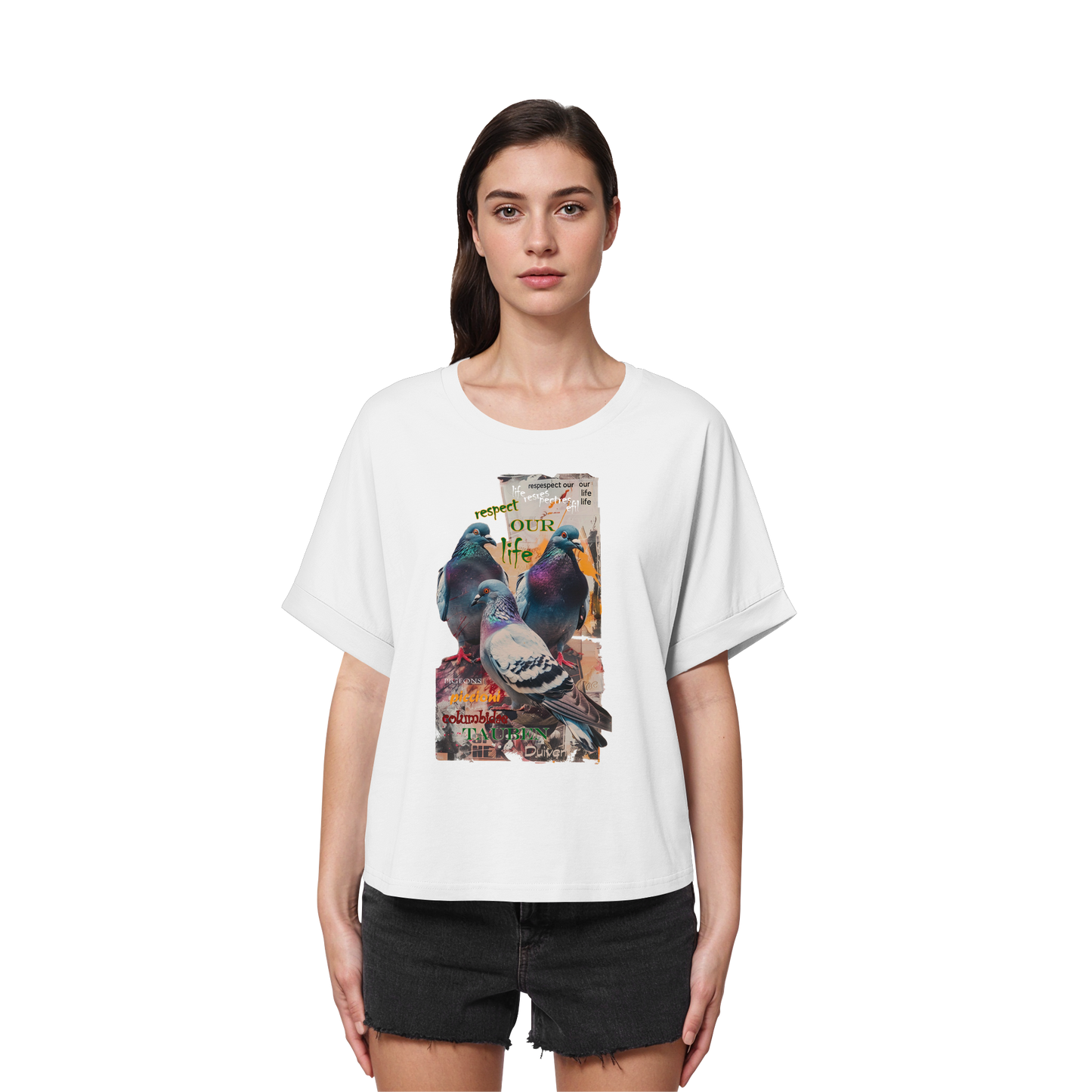 vegwear "respect our life - Tauben - oversized Damen Bio T-Shirt mit Fledermausärmel