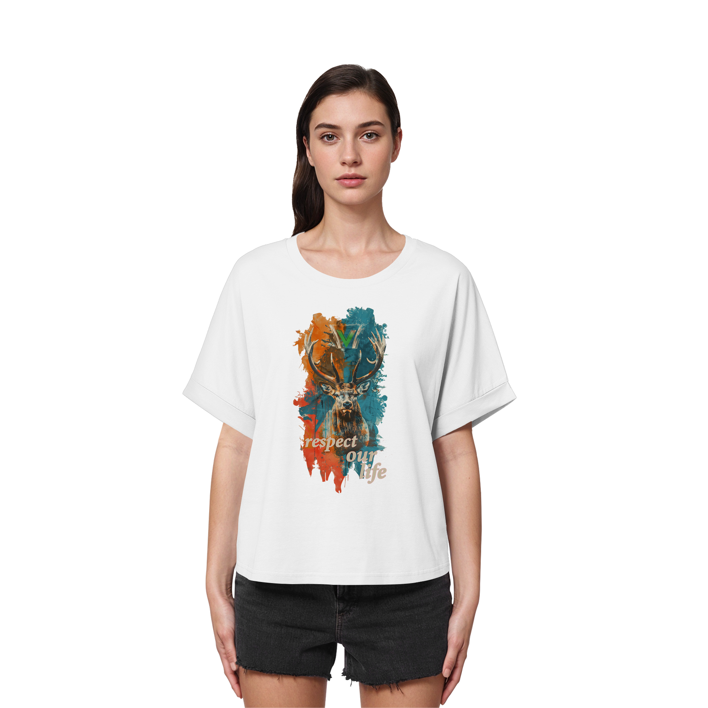 vegwear "respect our life - Hirsch" - oversized Damen T-Shirt mit Fledermausärmel, bio, vegan, fair