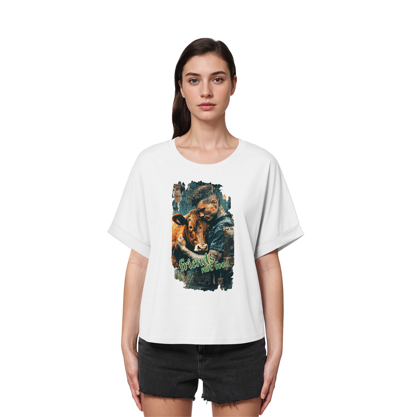 vegwear "friends not food" - oversized Damen Bio T-Shirt mit Fledermausärmel